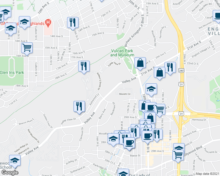 map of restaurants, bars, coffee shops, grocery stores, and more near 1702 Valley Avenue in Birmingham