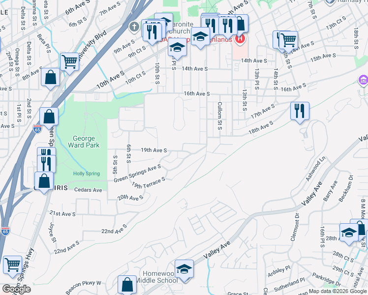map of restaurants, bars, coffee shops, grocery stores, and more near 1800-1898 11th Street South in Birmingham