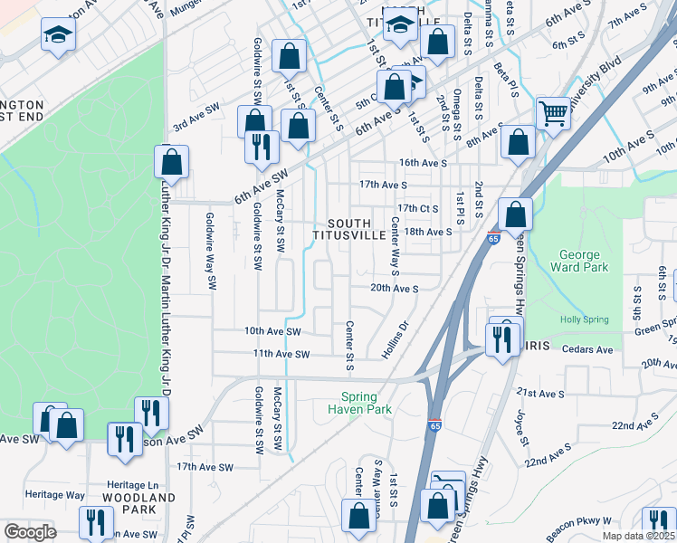 map of restaurants, bars, coffee shops, grocery stores, and more near 838 Center Place Southwest in Birmingham