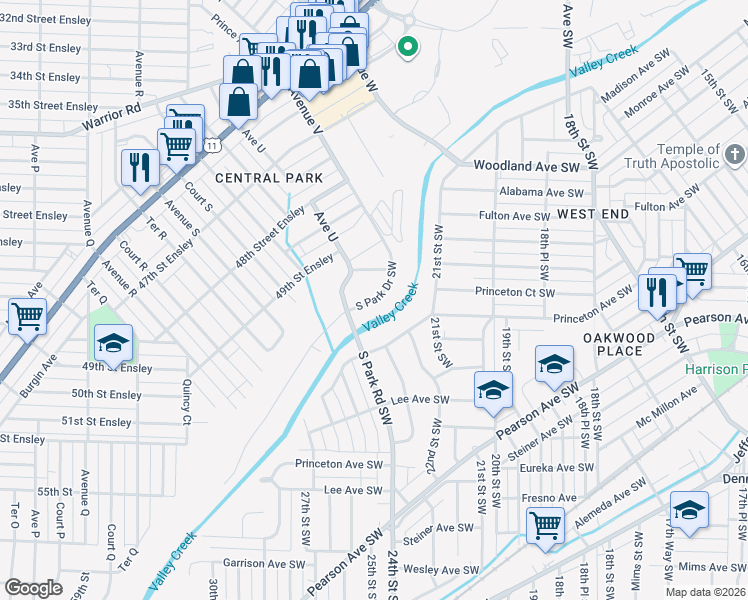 map of restaurants, bars, coffee shops, grocery stores, and more near 2334 South Park Drive Southwest in Birmingham