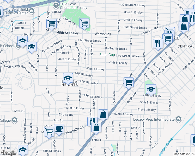 map of restaurants, bars, coffee shops, grocery stores, and more near 1325 46th Street Ensley in Birmingham