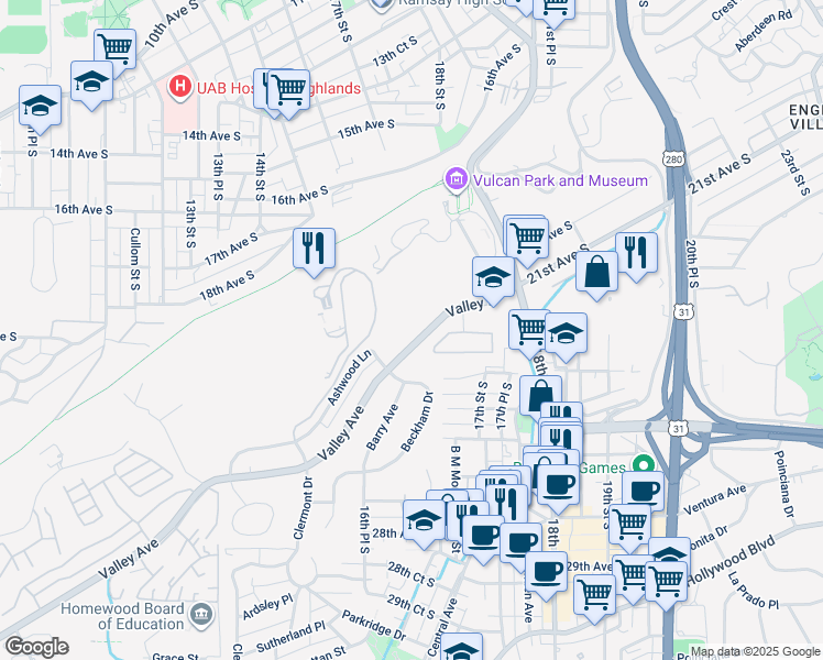 map of restaurants, bars, coffee shops, grocery stores, and more near 1702 Valley Ave in Birmingham