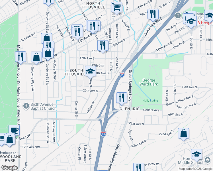 map of restaurants, bars, coffee shops, grocery stores, and more near 1827 1st Street South in Birmingham