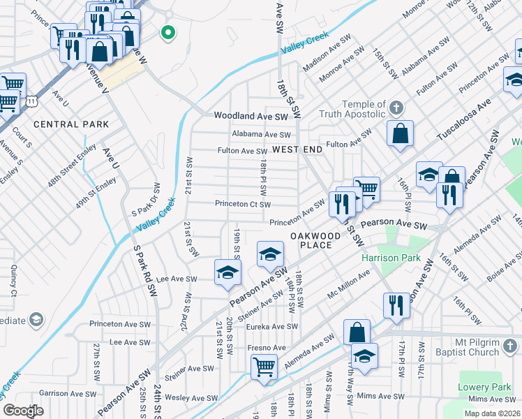 map of restaurants, bars, coffee shops, grocery stores, and more near 1849 Princeton Court Southwest in Birmingham