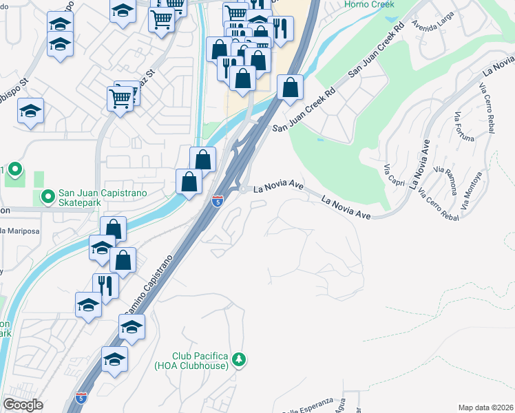 map of restaurants, bars, coffee shops, grocery stores, and more near 32802 Valle Road in San Juan Capistrano