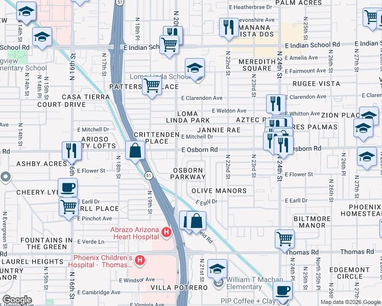 map of restaurants, bars, coffee shops, grocery stores, and more near 2021 East Osborn Road in Phoenix