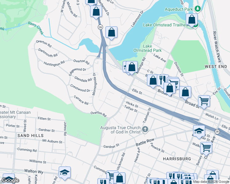 map of restaurants, bars, coffee shops, grocery stores, and more near 2201 Country Club Court in Augusta