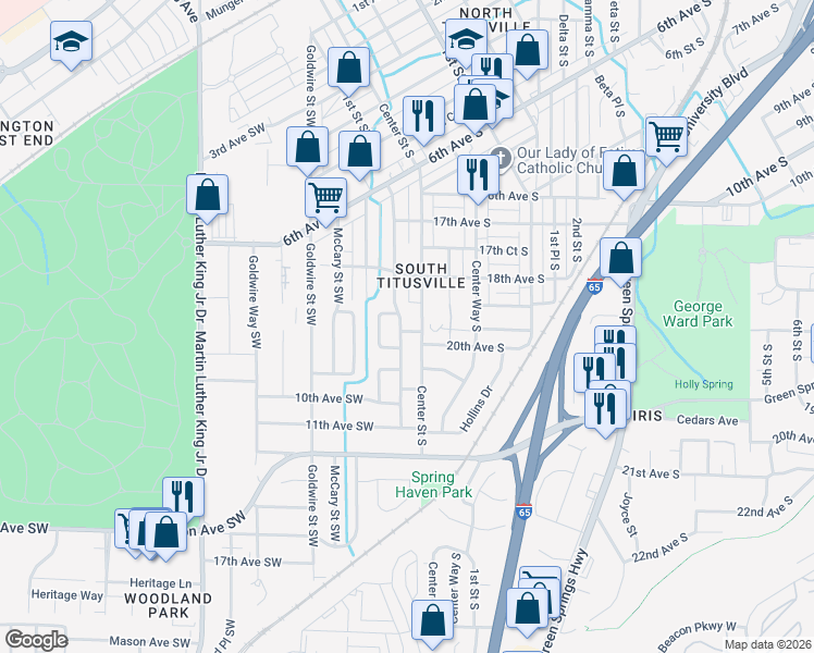 map of restaurants, bars, coffee shops, grocery stores, and more near 838 Center Place Southwest in Birmingham