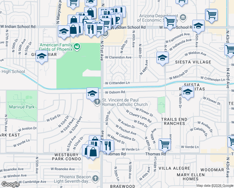 map of restaurants, bars, coffee shops, grocery stores, and more near 5025 West Osborn Road in Phoenix