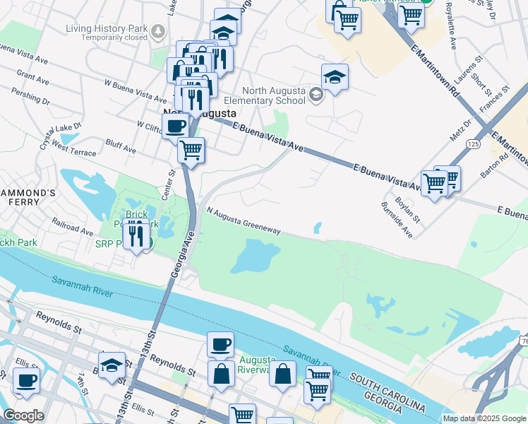 map of restaurants, bars, coffee shops, grocery stores, and more near 550 Sikes Avenue in North Augusta