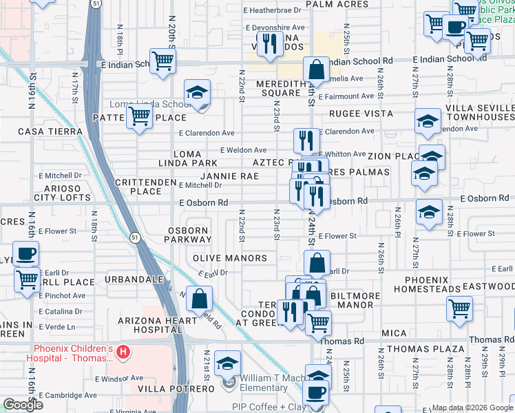 map of restaurants, bars, coffee shops, grocery stores, and more near 2221 East Osborn Road in Phoenix