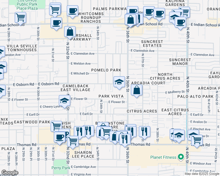 map of restaurants, bars, coffee shops, grocery stores, and more near 3445 East Osborn Road in Phoenix