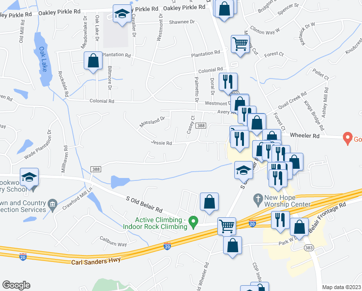 map of restaurants, bars, coffee shops, grocery stores, and more near 4490 Jessie Road in Augusta