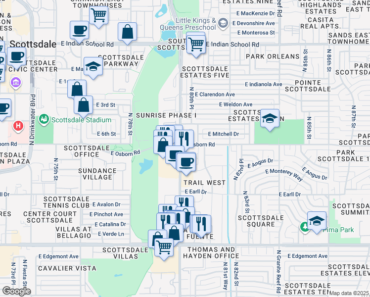 map of restaurants, bars, coffee shops, grocery stores, and more near 3333 North Hayden Road in Scottsdale