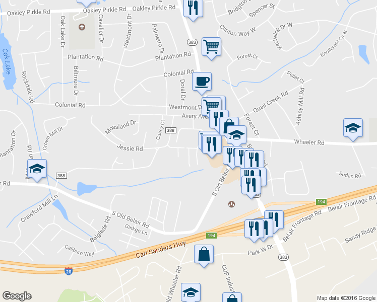 map of restaurants, bars, coffee shops, grocery stores, and more near 503 Laurel Place in Augusta
