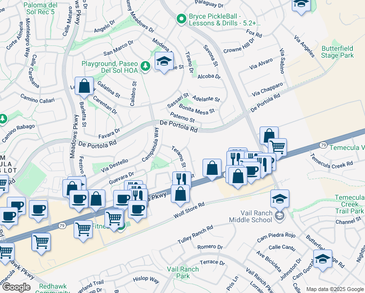 map of restaurants, bars, coffee shops, grocery stores, and more near 32858 Charmes Court in Temecula