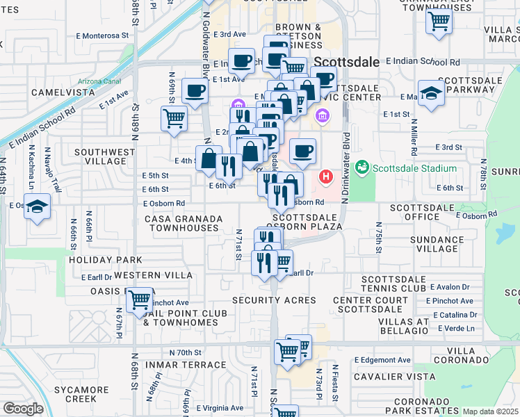 map of restaurants, bars, coffee shops, grocery stores, and more near 3380 North Scottsdale Road in Scottsdale