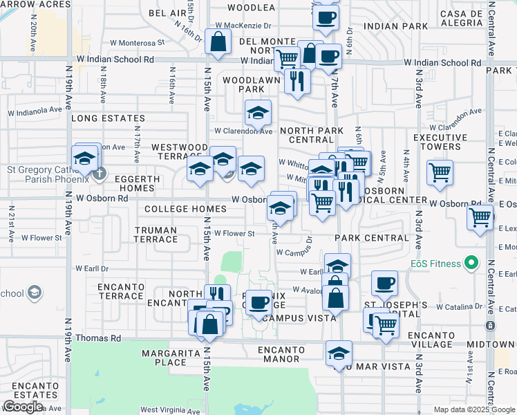 map of restaurants, bars, coffee shops, grocery stores, and more near 1103 West Osborn Road in Phoenix