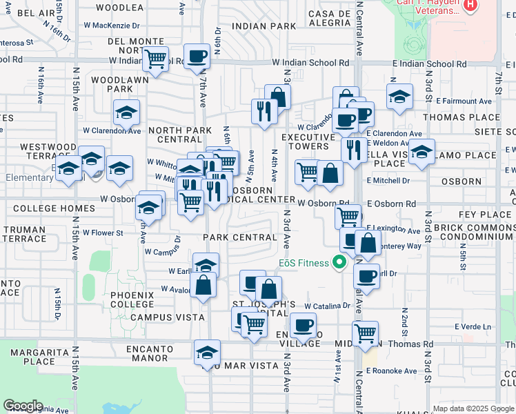 map of restaurants, bars, coffee shops, grocery stores, and more near 419 West Osborn Road in Phoenix