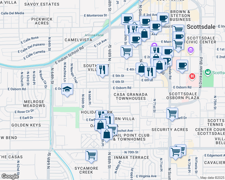 map of restaurants, bars, coffee shops, grocery stores, and more near 3313 North 68th Street in Scottsdale