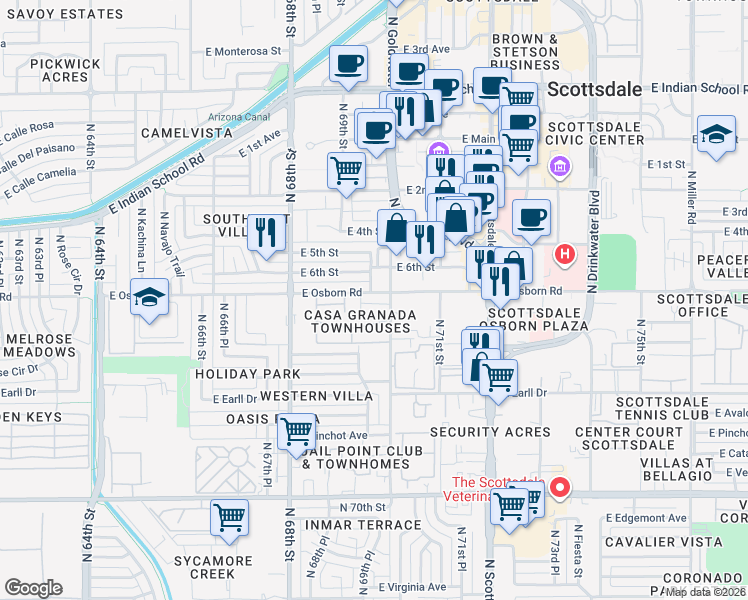map of restaurants, bars, coffee shops, grocery stores, and more near 6925 East Osborn Road in Scottsdale