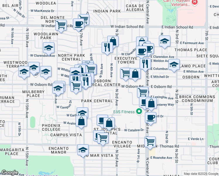map of restaurants, bars, coffee shops, grocery stores, and more near 419 West Osborn Road in Phoenix