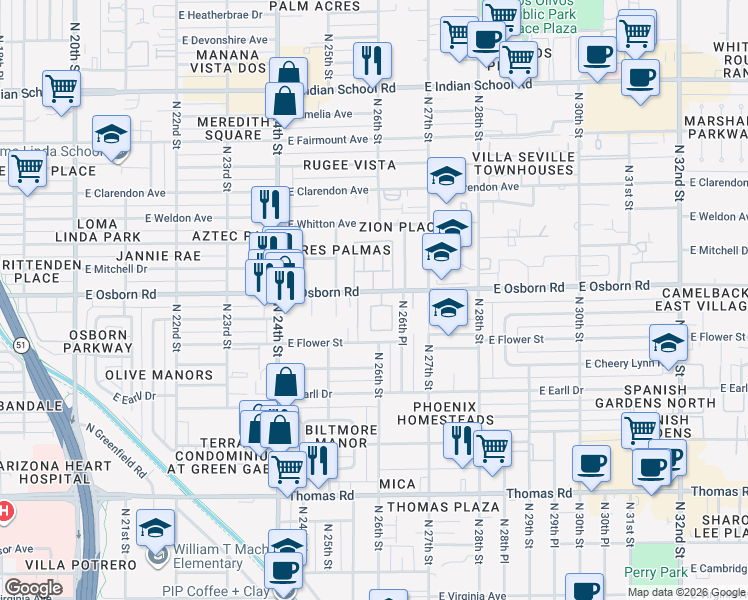 map of restaurants, bars, coffee shops, grocery stores, and more near 2601 East Beekman Place in Phoenix
