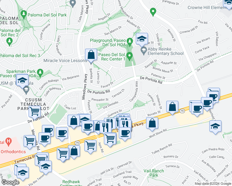 map of restaurants, bars, coffee shops, grocery stores, and more near 44057 Terraza Court in Temecula