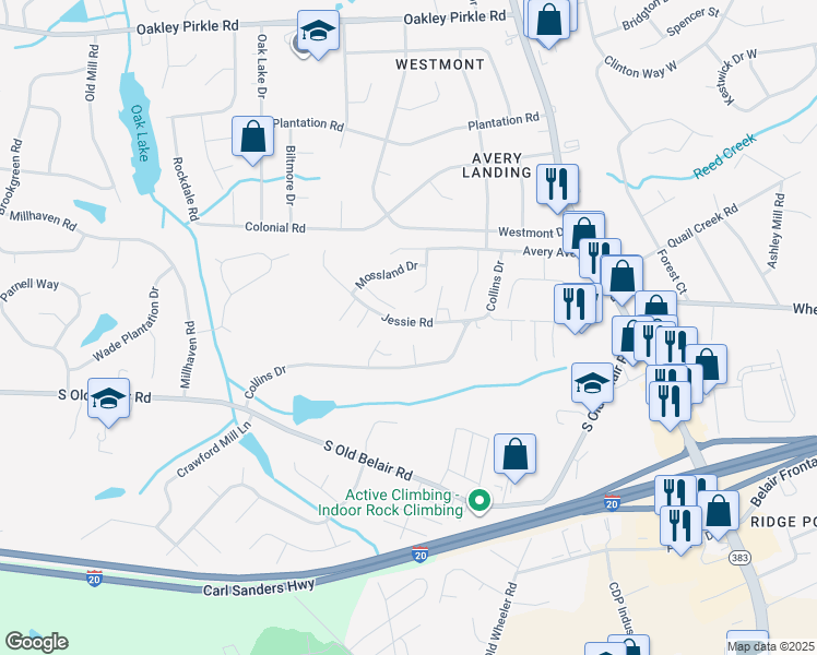 map of restaurants, bars, coffee shops, grocery stores, and more near 4514 Jessie Road in Augusta