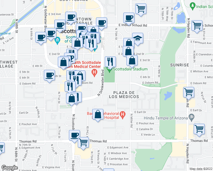 map of restaurants, bars, coffee shops, grocery stores, and more near 7425 East Osborn Road in Scottsdale