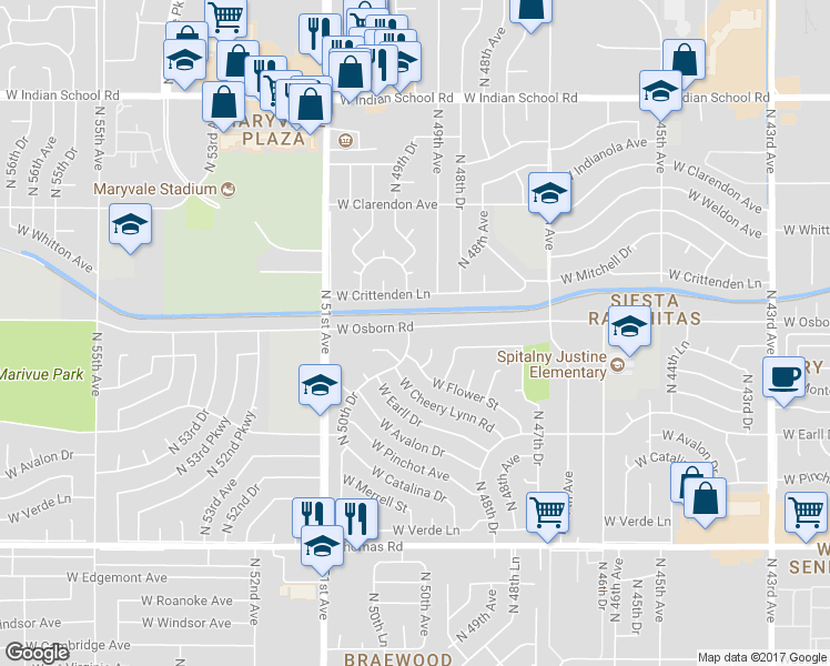 map of restaurants, bars, coffee shops, grocery stores, and more near 4953 West Osborn Road in Phoenix