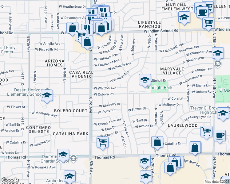 map of restaurants, bars, coffee shops, grocery stores, and more near 8118 West Osborn Road in Phoenix