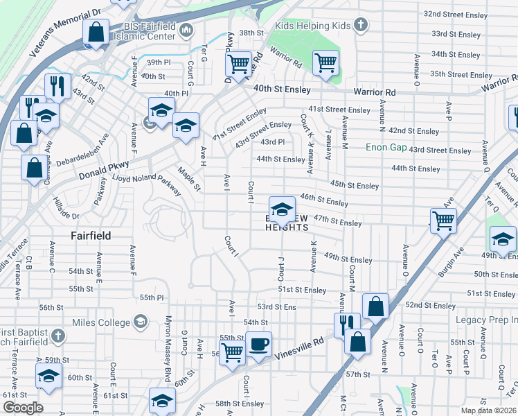 map of restaurants, bars, coffee shops, grocery stores, and more near 940 47th Street Ensley in Birmingham
