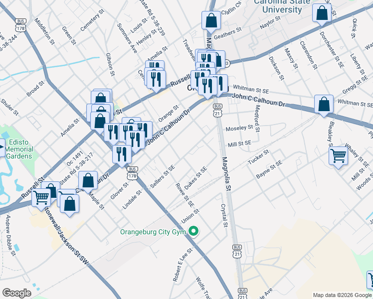 map of restaurants, bars, coffee shops, grocery stores, and more near 433 Sellers Street Southeast in Orangeburg