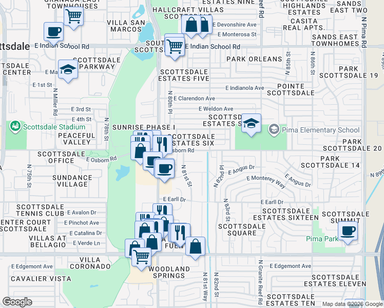 map of restaurants, bars, coffee shops, grocery stores, and more near 8117 East Osborn Road in Scottsdale