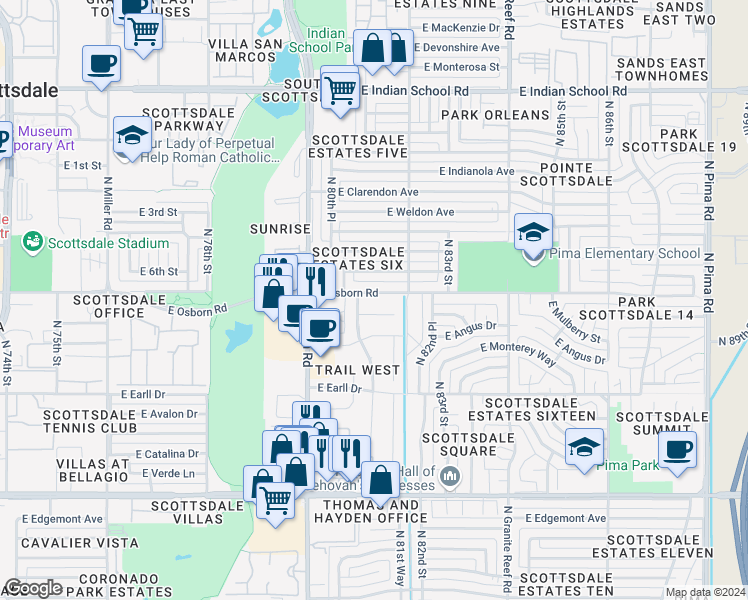 map of restaurants, bars, coffee shops, grocery stores, and more near 8117 East Osborn Road in Scottsdale