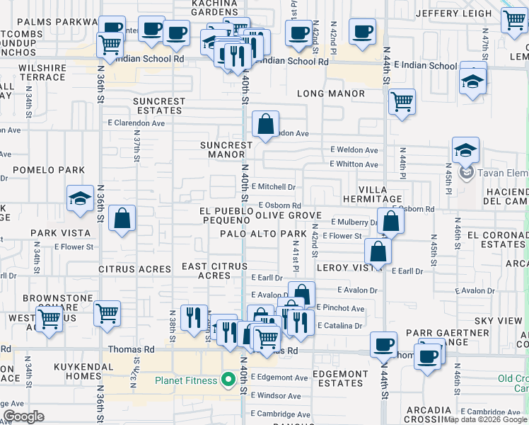 map of restaurants, bars, coffee shops, grocery stores, and more near 4023 East Osborn Road in Phoenix