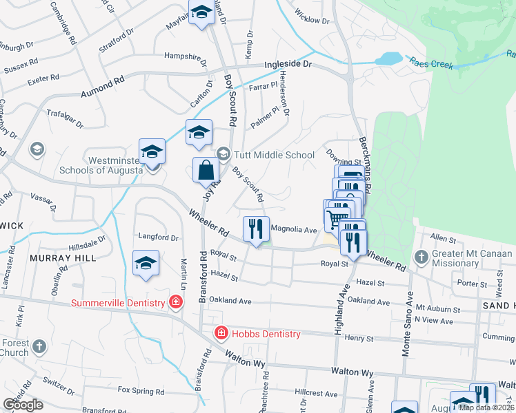 map of restaurants, bars, coffee shops, grocery stores, and more near 2807 Hackle Street in Augusta