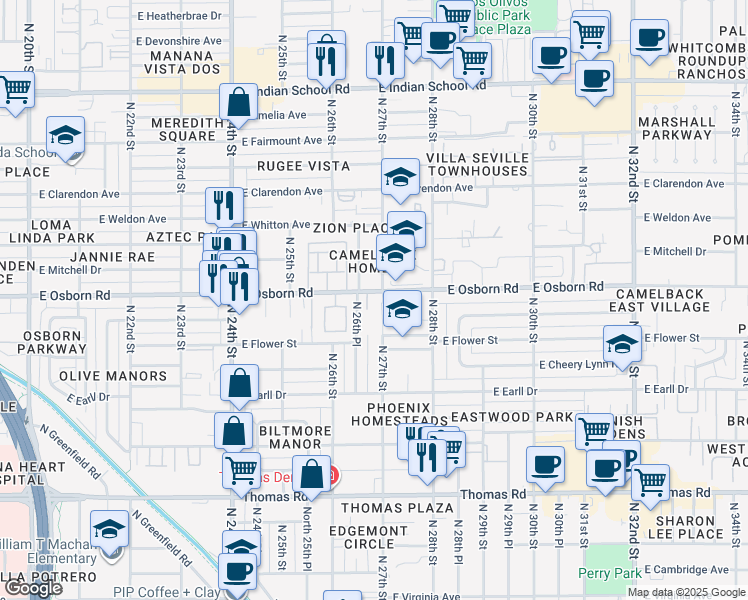 map of restaurants, bars, coffee shops, grocery stores, and more near 2645 East Osborn Road in Phoenix
