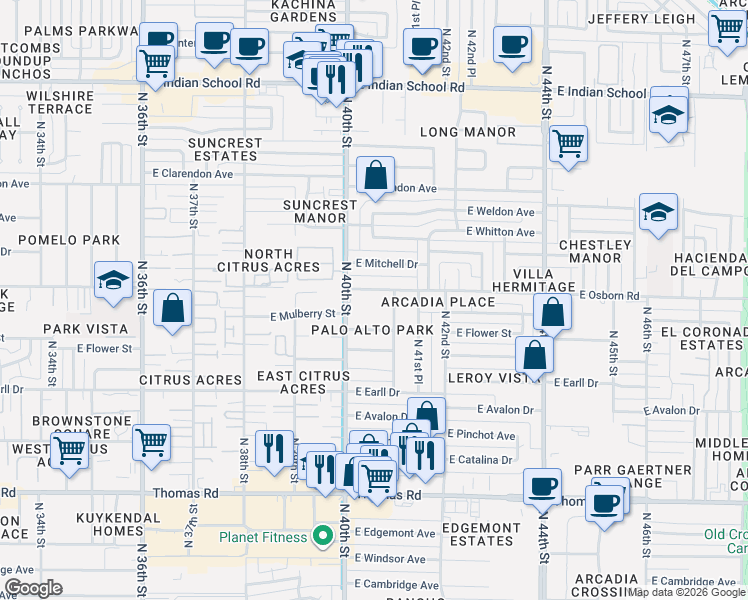 map of restaurants, bars, coffee shops, grocery stores, and more near 4023 East Osborn Road in Phoenix