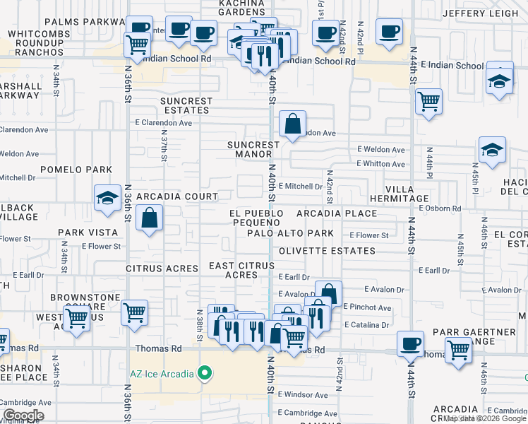 map of restaurants, bars, coffee shops, grocery stores, and more near 3250 North 40th Street in Phoenix