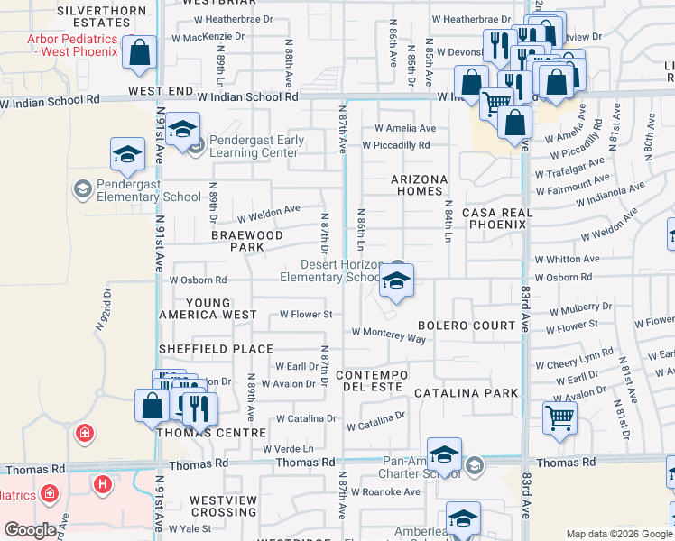 map of restaurants, bars, coffee shops, grocery stores, and more near 3408 North 87th Avenue in Phoenix