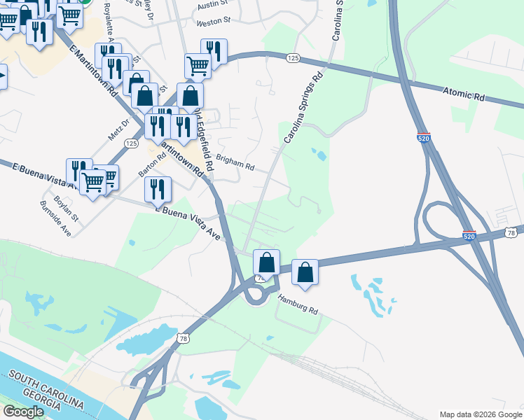 map of restaurants, bars, coffee shops, grocery stores, and more near 425 Carolina Springs Road in North Augusta