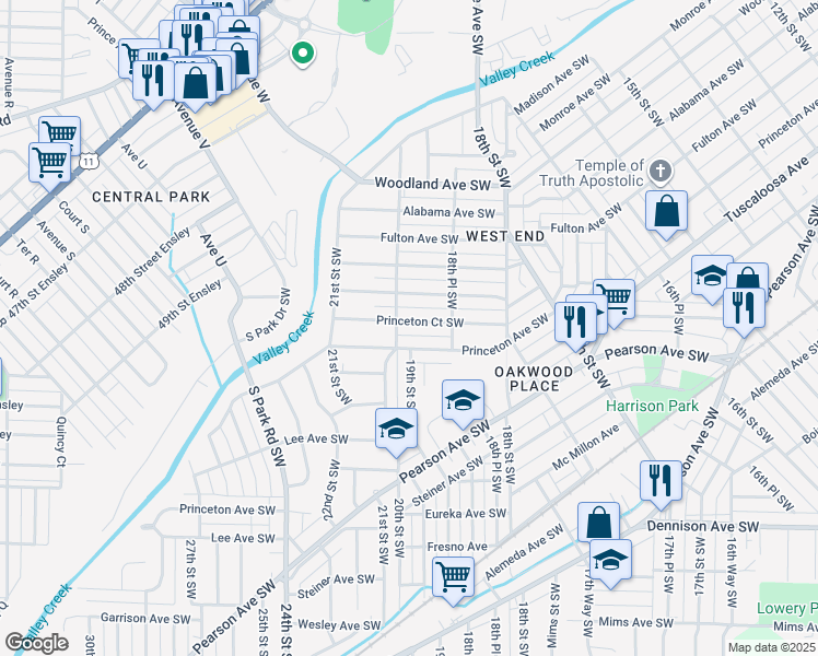map of restaurants, bars, coffee shops, grocery stores, and more near 1885 Princeton Court Southwest in Birmingham