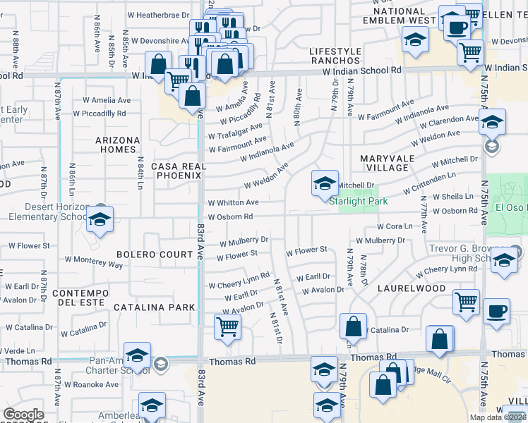 map of restaurants, bars, coffee shops, grocery stores, and more near 8118 West Osborn Road in Phoenix