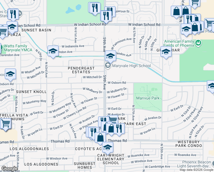 map of restaurants, bars, coffee shops, grocery stores, and more near 3333 North 59th Avenue in Phoenix