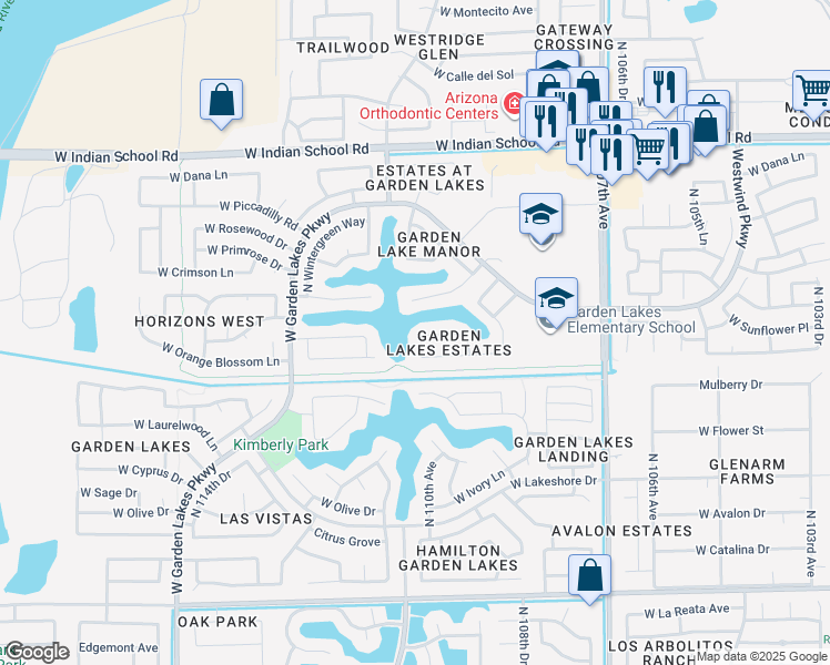 map of restaurants, bars, coffee shops, grocery stores, and more near 3520 North 110th Avenue in Avondale