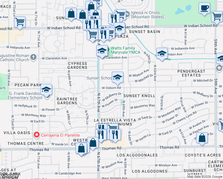 map of restaurants, bars, coffee shops, grocery stores, and more near 6541 West Osborn Road in Phoenix