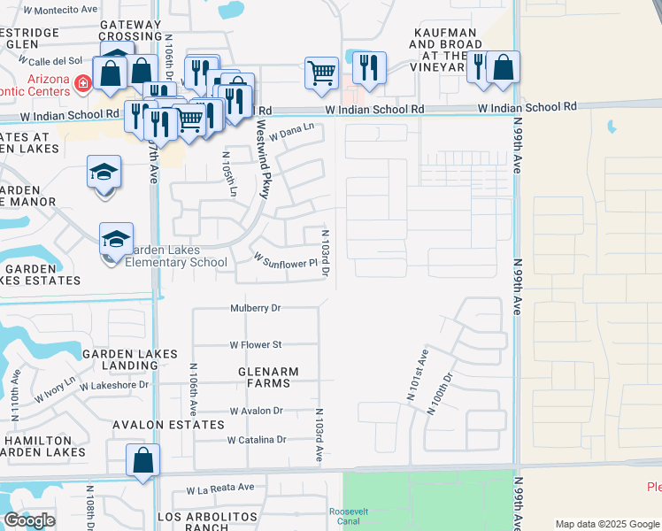map of restaurants, bars, coffee shops, grocery stores, and more near 3513 North 103rd Drive in Avondale