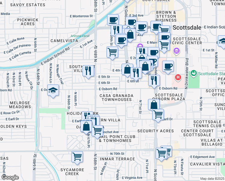 map of restaurants, bars, coffee shops, grocery stores, and more near 6829 East Osborn Road in Scottsdale